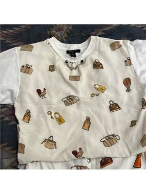 Louis Vuitton t-shirt, and short, set White Tee with Silver Chain & Bag Motif